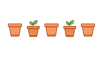 Obraz premium A row of five terracotta flower pots with two small green sprouts.