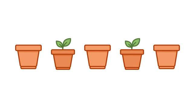 A row of five terracotta flower pots with two small green sprouts.