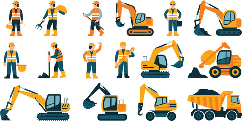 Construction icons, heavy machinery symbols, excavator illustrations, worker avatars, industrial equipment graphics © KABIR678