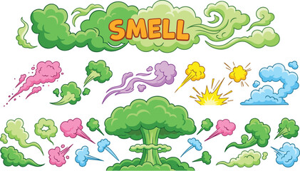 Bad Odor and Smelly Gas Clouds Vector Set Featuring Cartoon Comic Stink Clouds Fart Steams and Green Nuclear Explosion Smoke Elements Isolated on White © Mustak