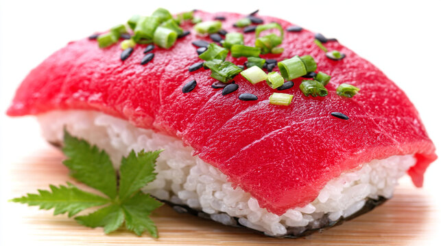 Single piece of fresh tuna sushi nigiri topped with scallions and sesame seeds