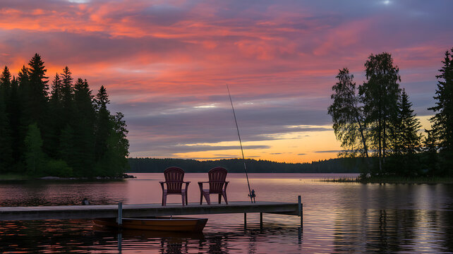 Quiet lakeside dock with chairs and fishing rod at sunset