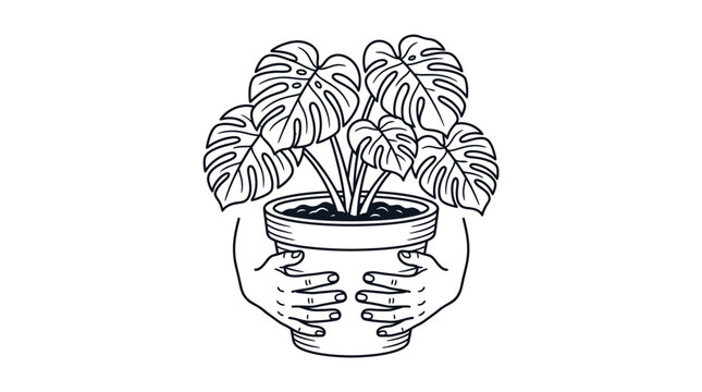 A hand drawn illustration of a person holding a potted monstera plant.