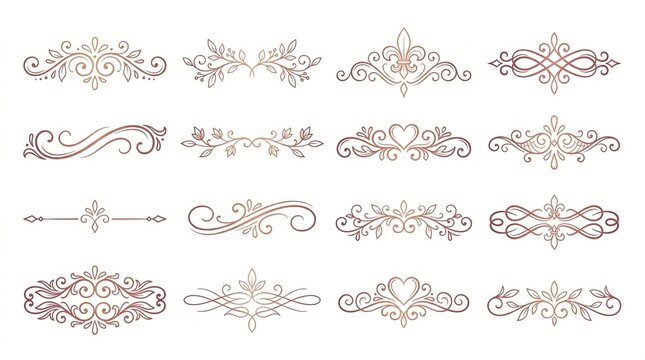 Collection of Rose Gold Decorative Flourishes and Ornaments for Design on a White Background