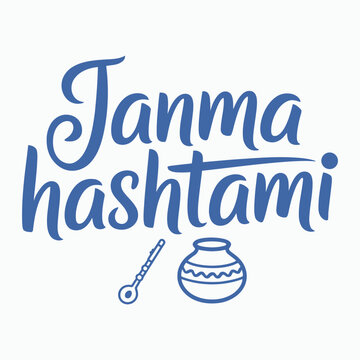 Janmashtami festival typography poster. Bold handwritten calligraphy lettering with flute bansuri and clay pot matki icons in blue color for Hindu Krishna Janmashtami celebration and greeting design