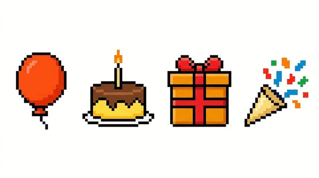Pixel art birthday celebration icons balloon cake gift and confetti popper on a White Background