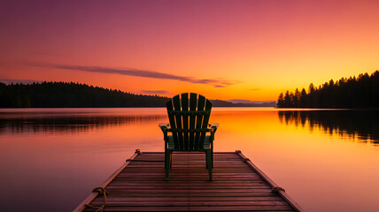 Naklejka premium Serene wooden dock with chair overlooking calm lake at colorful sunset