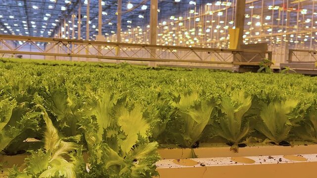 Lettuce Frillice growing in modern greenhouse under phyto lamps, using hydroponics, closeup view. Agro business, food production, urban agriculture, smart garden technology