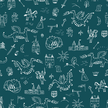 Seamless Medieval Fantasy Pattern with Dragons, Knights, Castles and Princesses in line