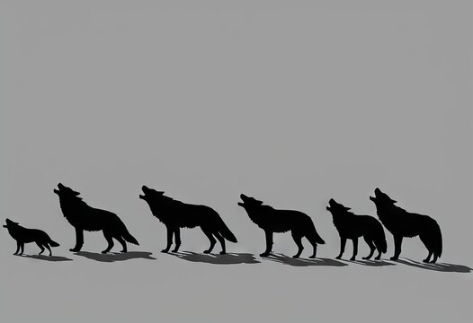 Profile silhouettes of a wolf pack walking in a line on a white background