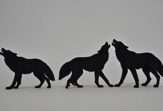 Profile silhouettes of a wolf pack walking in a line on a white background