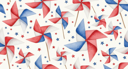 Obraz premium Patriotic Watercolor Pinwheel Seamless Pattern with Red White Blue Stars