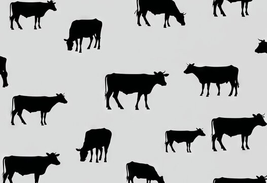 Seamless pattern of black cow silhouettes on a white background