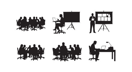Obraz premium Business people silhouettes in office meeting and presentation settings collection for professional corporate design needs.