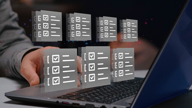 Questionnaire with checkboxes, filling survey form online, answer questions of test. Survey form concept. Education futuristic technology and learning concept.