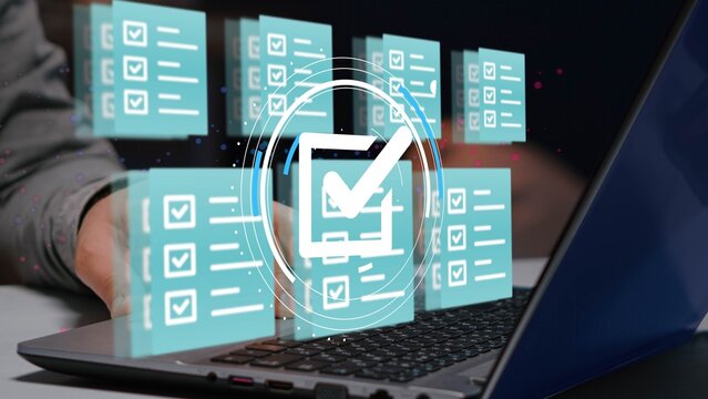 Questionnaire with checkboxes, filling survey form online, answer questions of test. Survey form concept. Education futuristic technology and learning concept.