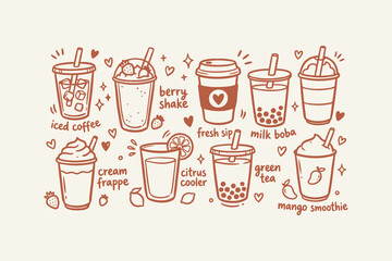 Set of cute hand drawn drink illustrations featuring iced coffee milk boba tea smoothies and fruit shakes with playful doodle elements and text labels for cafe menu design and summer vibes Vector © Foysal
