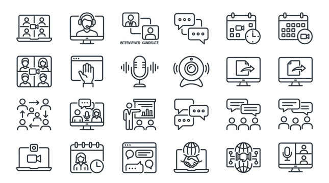 Black and white line icons of business communication.