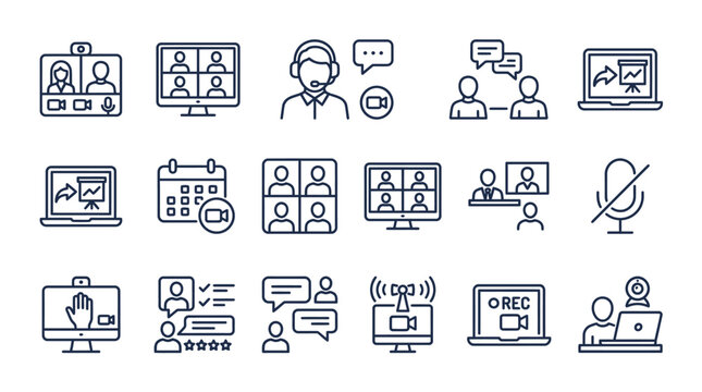Black and white line icons of people communicating online.