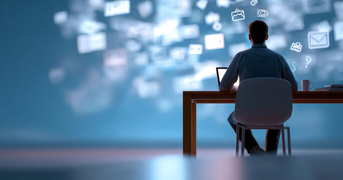 Man sitting at desk using laptop with digital icons floating in the air representing communication and technology concepts