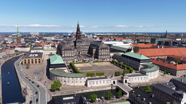Drone shot of Christiansborg Palace in Copenhagen, Denmark