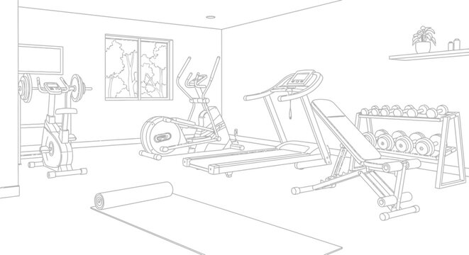 Vector outline of a home gym setup, featuring treadmill, elliptical, stationary bike, weights, bench, and yoga mat for personal fitness.
