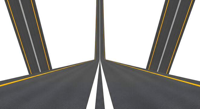 Conceptual infinite split road illusion against white background with infinite perspective conceptual abstract transportation direction background isolated geometric