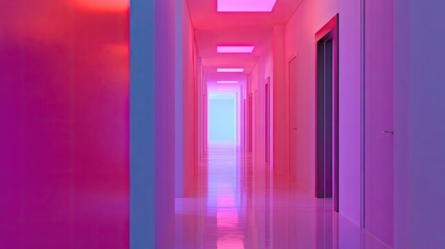 Endless futuristic corridor bathed in vibrant pink, blue, and purple neon light