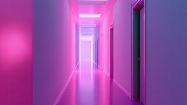 Illuminated corridor with purple and pink neon lighting and multiple doors