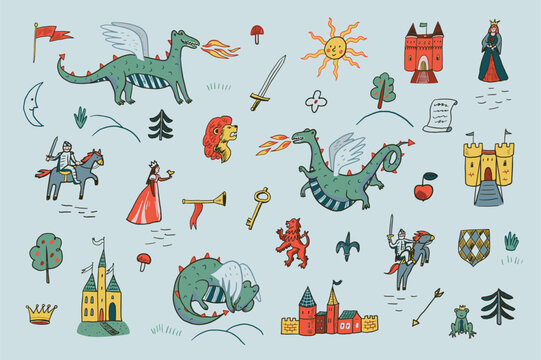 Medieval Fantasy illustrations set with Dragons, Knights, Castles and Princesses