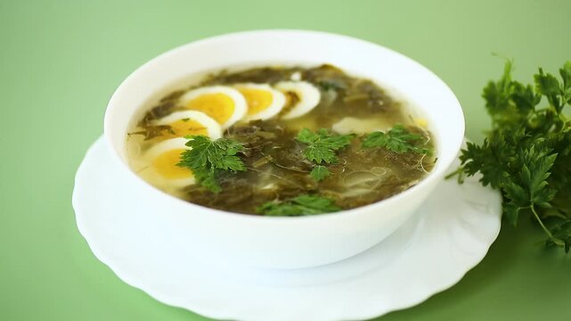 traditional green borscht with sorrel and eggs on a green background