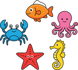 Fototapeta premium Cute Cartoon Sea Animal Vector Set with Happy Orange Fish Blue Crab Pink Octopus Yellow Seahorse and Red Starfish for Kids Ocean Designs