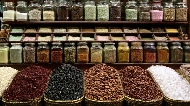 Shelves brimming with glass jars and bowls filled with colorful spices and grains