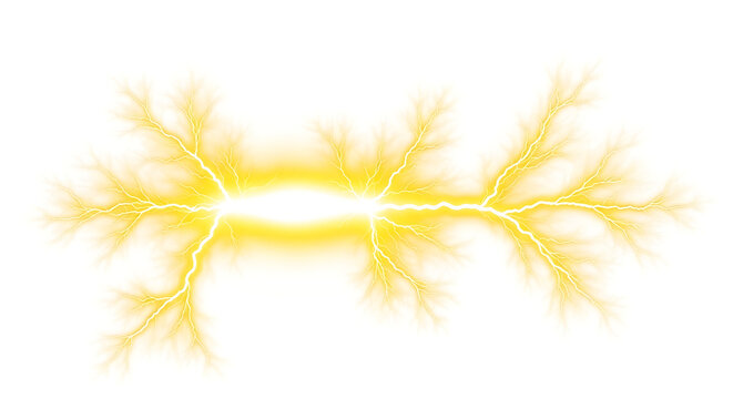 Abstract yellow electrical lightning bolt discharge on white background with lightning electricity discharge abstract electric phenomenon