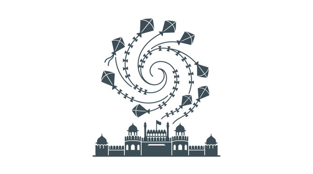 Illustration of kites flying in a spiral pattern above the Red Fort monument.