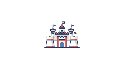 A colorful flat vector illustration of a medieval castle with towers and flags. © Dary_Hamidudin