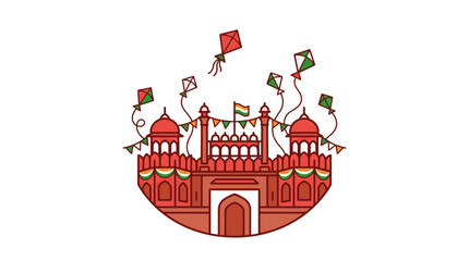 Illustration of the Red Fort in Delhi with colorful kites flying above. © Dary_Hamidudin