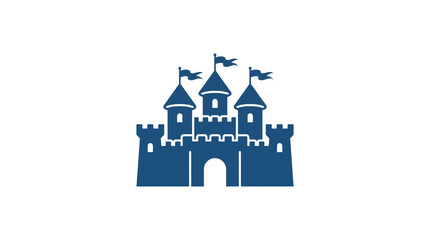 A minimalist blue silhouette icon of a medieval castle with three towers and flags. © Dary_Hamidudin