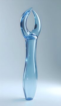 A clear glass vase with a curved design on it.