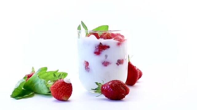Fresh strawberry yogurt dessert isolated on white background
