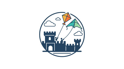 A circular logo design featuring a medieval castle with two people flying colorful kites. © Dary_Hamidudin