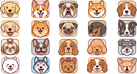Obraz premium Large collection of cute dog breed avatar icons featuring various popular dog breeds in a flat cartoon style. Perfect for pet apps, veterinary branding, social media, stickers, and web design.