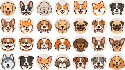 Fototapeta premium Modern collection of minimal dog avatar icons featuring various dog breeds with friendly expressions. Suitable for pet-related websites, mobile apps, veterinary services, and educational content.