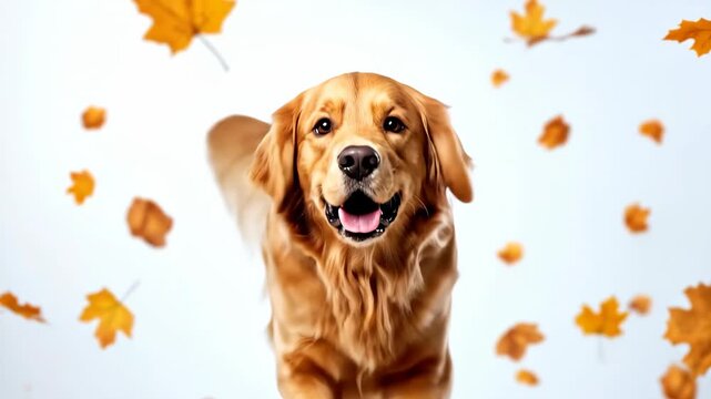 A happy golden retriever is captured mid-air with autumn leaves floating. The dog is looking directly at the camera with joy