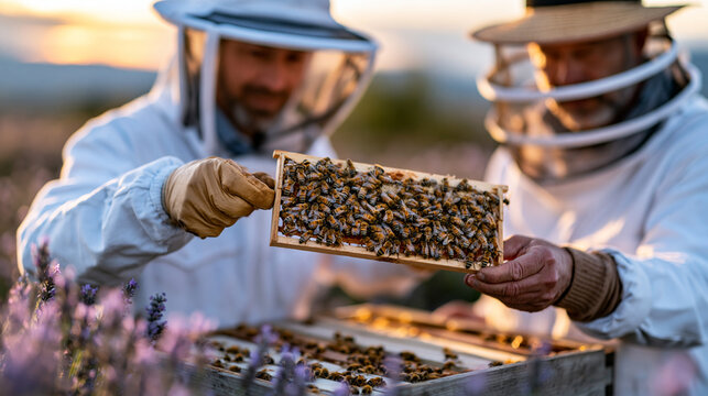 Beekeepers Inspecting Beehives in a Sunny Meadow