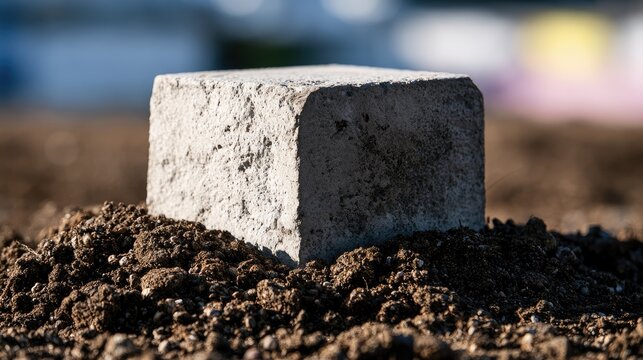 A single concrete block sits in loose soil, casting a shadow