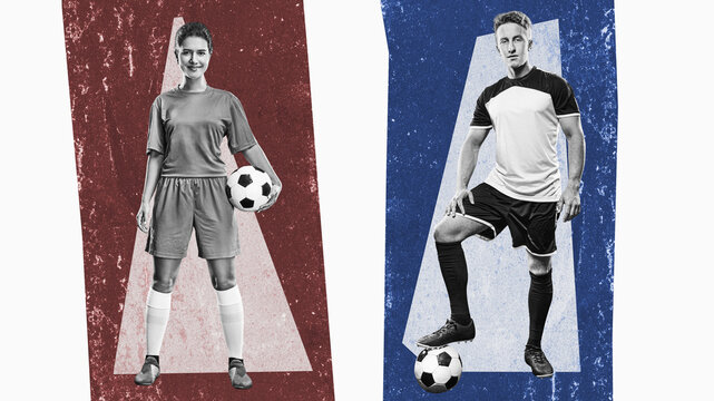 soccer players - female and male at soccer stadium. ready for game in front of the soccer goal. Flat design.