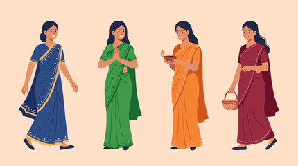 Fototapeta premium Indian women in colorful sarees celebrating diwali. Traditional Indian women wearing vibrant sarees for cultural festivals