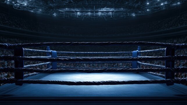 Empty illuminated boxing ring in stadium, dark arena, audience blurred