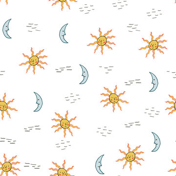 Hand Drawn Celestial Seamless Pattern with Smiling Suns and Crescent Moons